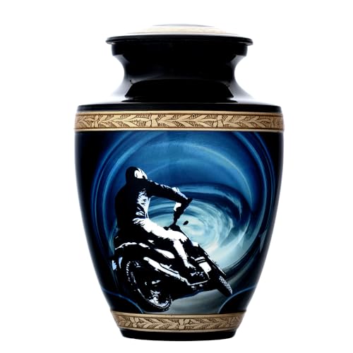 Large Motorcycle urn for Human Ashes, A 200 Cubic in. Gold and Blue Design for This Metal Biker Memorial for Human ash, Funeral Adult Male Cremation, Velvet Bag and Anti Scratch Felt Bottom.