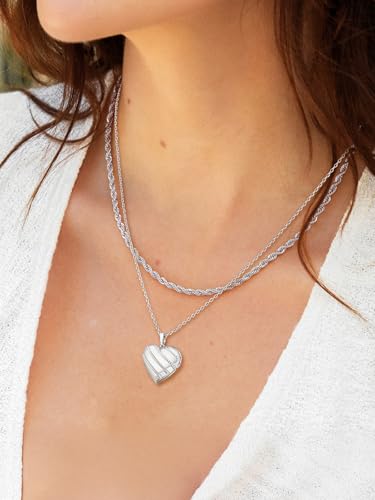 U7 Women Locket Necklace, Heart Photo Lockets Hold Picture, Gift Box Packed - color: 05# Platinum Stripe