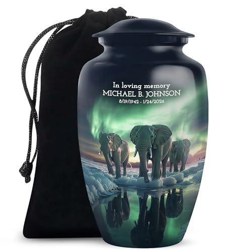 Elephant Decorative Engraved Large 10" Urns for Mother and Father Ashes | Green Personal Custom Cremation Urns Personalised Urn for Mom Dad Ashes - color: Elephant-2, size: 10 Inch