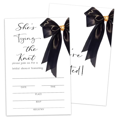 25 Bow Bridal Shower Invitations, She's Tying The Knot, Black Bow Fill In Invites With Envelopes, Invites for Newlyweds, New Couples, Mr and Mrs, Wedding & Bridal Shower Party Favor Decorations - color: Black