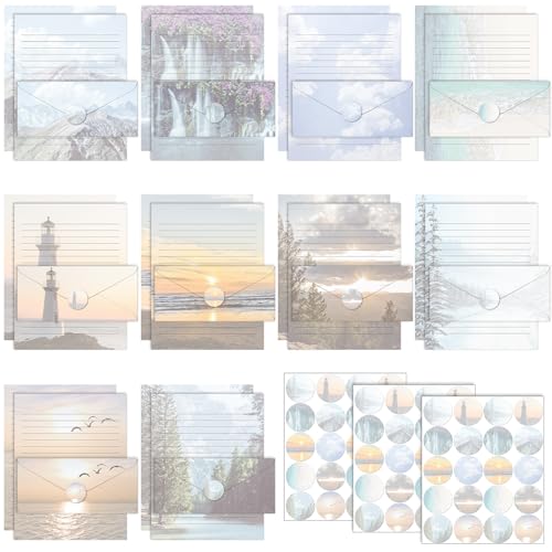 TaoBary 160 Pcs Natural Scenery Stationery Paper and Envelopes Set | 8.5 x 11 '' Letter Writing Kit, 50 Double Sided Stationery Writing Papers 50 Matching Envelopes 60 Round Dot Sticker - size: 8.5 x 11 Inch, style: Natural Scenery