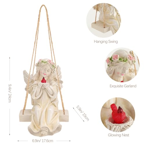 Angel Garden Statue,Fairy Solar Garden Decor with Warm Light | Waterproof Angel Statue with Swing & Holding Bird,Outdoor Garden Decor for Lawn Yard Patio Windowsill Garden Gifts, Apricot - style: Swing Bird Angel