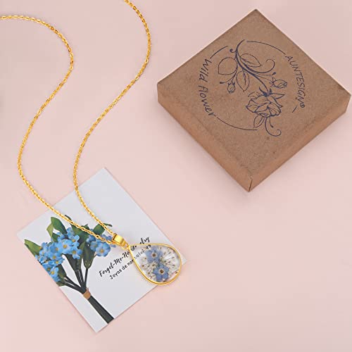 AUNTESIGN Forget-Me-Not and Queen Anne's Lace Pressed Wildflower Necklace | Birth Month Flowers Necklace | Gold/Silver Pressed Flower Jewelry | Mother's Day | Gift For Her - color: Teardrop Forget-Me-Not and Queen Anne's Lace Necklace