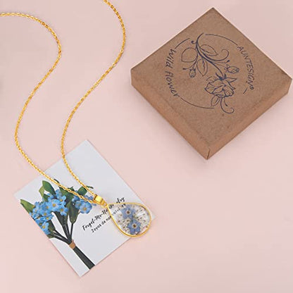 AUNTESIGN Forget-Me-Not and Queen Anne's Lace Pressed Wildflower Necklace | Birth Month Flowers Necklace | Gold/Silver Pressed Flower Jewelry | Mother's Day | Gift For Her - color: Teardrop Forget-Me-Not and Queen Anne's Lace Necklace