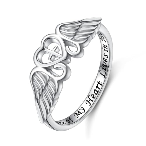 FLYOW S925 Sterling Silver A Piece of My Heart Lives in Heaven Angel Wing Ring for Women Jewelry Memory of Mom Dad Grandma Grandpa Daughter Son Loss Memorial Gift