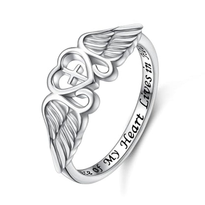 FLYOW S925 Sterling Silver A Piece of My Heart Lives in Heaven Angel Wing Ring for Women Jewelry Memory of Mom Dad Grandma Grandpa Daughter Son Loss Memorial Gift