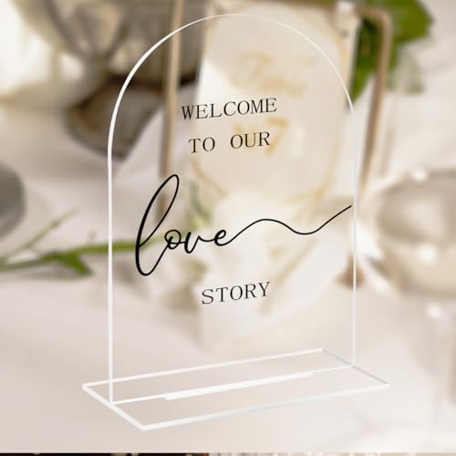 Welcome to Our Love Story Wedding Sign, Clear Acrylic Table Decor | 5×7 Inch Modern Calligraphy Reception Ceremony Signage, Welcome Tabletop Decoration - color: Story
