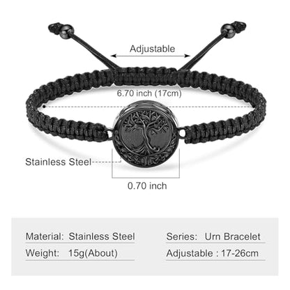 Urn Bracelet for Ashes Tree of Life Cremation Jewelry Adjustable Keepsake Bracelet Memorial Jewelry tainless Steel Ashes Pendant for Women Men - color: black