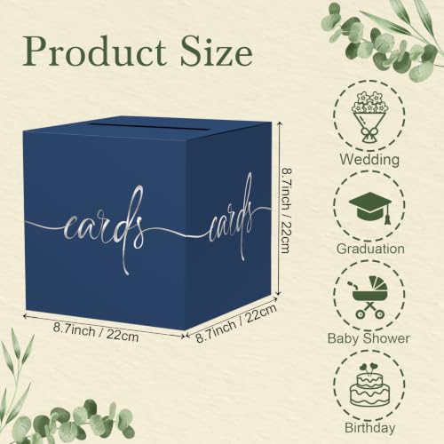 Navy Blue Wedding Card Box with Silver Foil Design, Paperboard 8.7" Card Box for Graduation Birthday Party Reception Retirement Anniversary Bridal & Baby Shower - color: Navy Blue Card Box with Silver Foil, size: 8.7×8.7×8.7Inch(1 Pack)