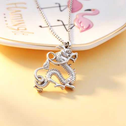 Legendary Chinese Dragon Urn Pendant Necklaces for Ashes Stainless Steel Keepsake Jewelry Cremation Ashes Holder Urn Necklace Memorial Jewelry Urn Pendant Unisex - color: Silver