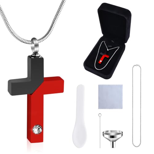Cremation Cross Pendant for Ashes Two-Tone Symbolic, Stainless Steel Faith-Inspired Cross Necklace, Fashion Daily Wear Accessory, All Ages Religious Gothic Jewelry, Ideal Birthday Gift for Men Women - color: Black Red