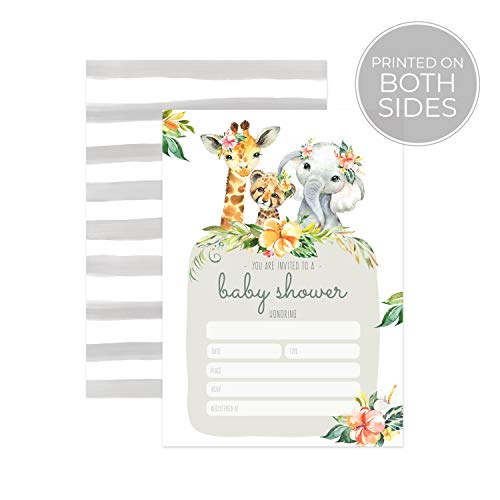 Canopy Street Boho Safari Animal Baby Shower Invites / 25 Welcome Baby Desert Animals Party Invitations / 5" x 7" Flat Floral New Baby Party Invitation Cards/Made In The USA - color: Boho Safari Animal