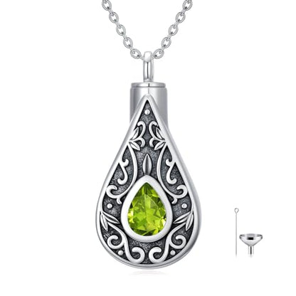 Teardrop Urn Necklace for Ashes Filigree Birthstone Keepsake Pendant Cremation Jewelry for Ashes Memorial Jewelry Gifts for Loss of a Loved One for Women - style: Aug-Peridot
