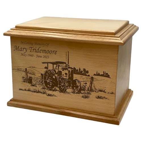 Wooden Urn for Human Ashes, Large Funeral Cremation Urn with Personlaization and Multiple Designs (Old Tractor)