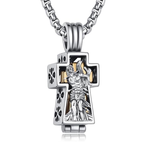 ADMETUS Patron Saint Cross Urn Necklace 925 Sterling Silver Cremation Jewelry for Ashes Memorial Gifts for Men with 2.5mm 22"+2" Rolo Chain - style: A30-Saint Sebastian