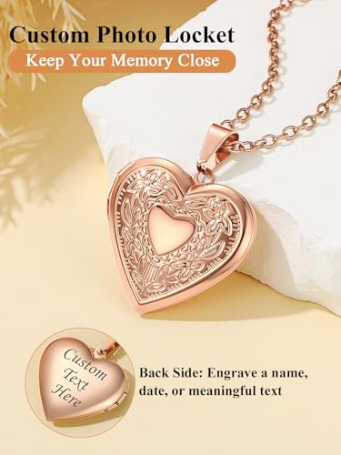 Custom4U Personalized Heart Locket Necklace with Pictures,Sunflower/Angel Wings/Heart Shaped Lockets Custom Photo,Gold/Rose Gold/White Lockets That Holds Picture,Customized Memorial Jewelry for Women - color: B-Heart-Rose Gold(Locket + Photo + Engraving)