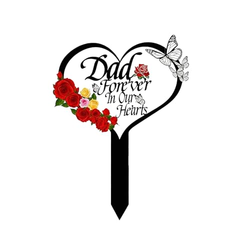 Grave Decorations for Cemetery, Heart Memorial Grave Marker for Dad with Red Roses, Metal Gravesite Plaque for Garden, Lawn or Yard, 1 Pack - color: Dad-A