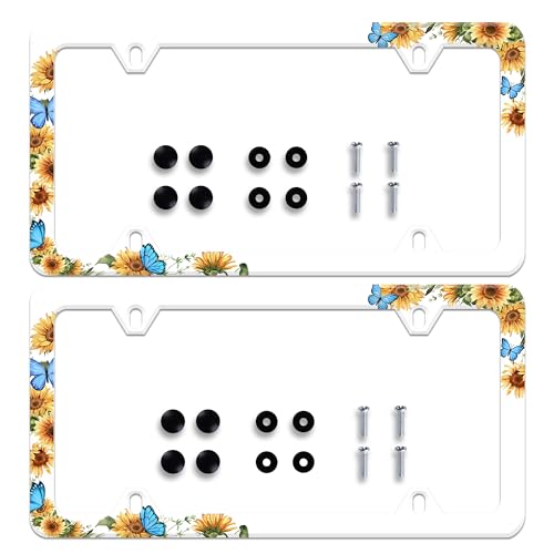 Blue Butterfly Sunflower License Plate Frames Stainless Steel 6x12 in 2Pack | Screws Included，2-Hole，Anti-Rust，Rattle-Proof ，Weather Resistant，Easy Installation，For Cars SUV Truck，Standard US - color: Blue Butterfly Sunflower 2 pieces