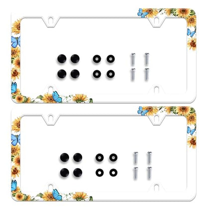 Blue Butterfly Sunflower License Plate Frames Stainless Steel 6x12 in 2Pack | Screws Included，2-Hole，Anti-Rust，Rattle-Proof ，Weather Resistant，Easy Installation，For Cars SUV Truck，Standard US - color: Blue Butterfly Sunflower 2 pieces