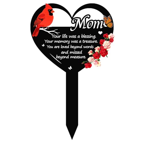 Memorial Grave Markers Heart Memorial Plaque Stake Sympathy Grave Markers Cemetery Cardinals Garden Stake Memorial Metal Grave Stake Decoration for Mom Dad Cemetery Outdoors Yard Garden (Mom-D) - color: Mom-D