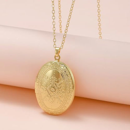 Vintage Engraved Flower Empaistic Photo Locket Pendant Necklaces Dainty Gold Silver Oval Round Heart Locket Hold Photo Picture Clavicle Chain Necklace for Women Men Souvenir Memorial Jewelry - style: Gold B