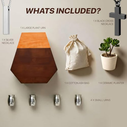 Americurn Plant Cremation Urns for Human Ashes Adult Male & Female Includes 1 Large Urn, 4 Keepsake & 1 Silver & 1 Black Cross Necklace- Wooden Urns for Human Ashes - color: Plant Urn-standard Set