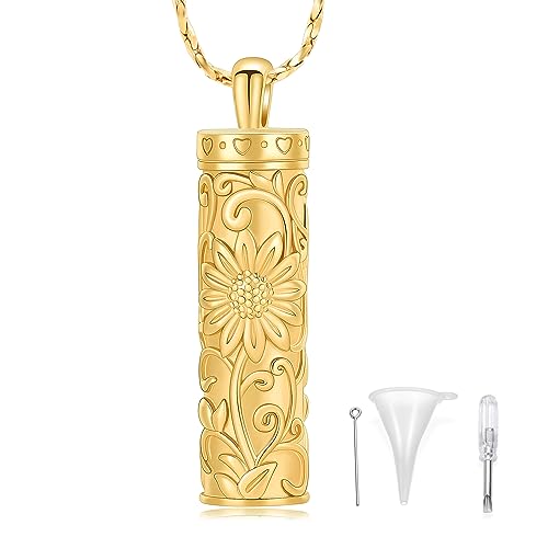 Sunflower Urn Necklace for Ashes Cylinder Bar Necklace for Ashes for Women Pendant Keepsake for Ashes Memory Cremation Jewelry Sunflower Celtic Necklace Jewelry for Women - color: Golden