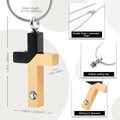 Cremation Cross Pendant for Ashes Two-Tone Symbolic, Stainless Steel Faith-Inspired Cross Necklace, Fashion Daily Wear Accessory, All Ages Religious Gothic Jewelry, Ideal Birthday Gift for Men Women - color: Black Gold