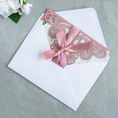 20Pcs Dusty Rose Laser Cut Wedding Invitation Cards With Envelopes - color: Dusty Rose