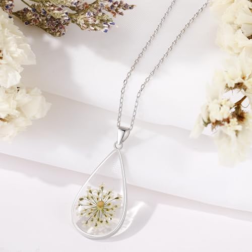 AUNTESIGN Forget-Me-Not and Queen Anne's Lace Pressed Wildflower Necklace | Birth Month Flowers Necklace | Gold/Silver Pressed Flower Jewelry | Mother's Day | Gift For Her - color: 925 Sterling Silver Mustard Seed Necklace