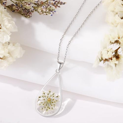AUNTESIGN Forget-Me-Not and Queen Anne's Lace Pressed Wildflower Necklace | Birth Month Flowers Necklace | Gold/Silver Pressed Flower Jewelry | Mother's Day | Gift For Her - color: 925 Sterling Silver Mustard Seed Necklace