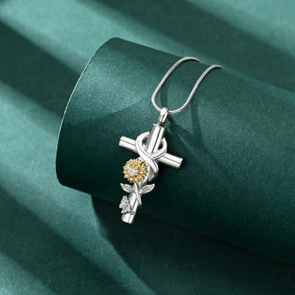 Cross Sunflower Cremation Jewelry Urn Necklaces Cross Urn Pendant Necklaces for Ashes Memorial Keepsake Pendant for Women Men Gifts With Funnel Kit & Bag - color: Customize