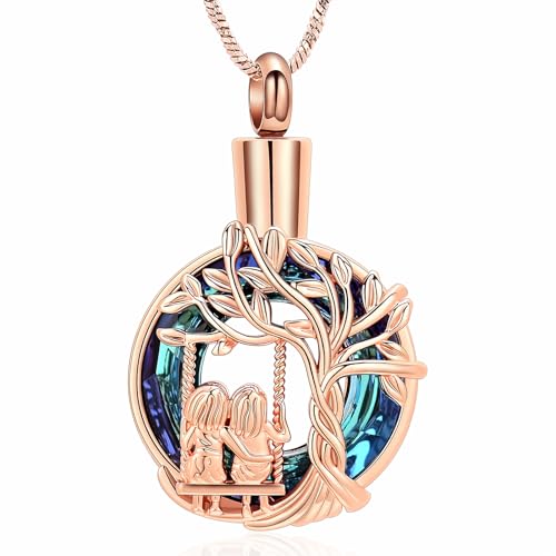 Yinplsmemory Cremation Jewelry Tree of Life Urn Necklace for Women Ashes Keepsake Jewelry for Sister for Ashes - color: Rose gold-blue