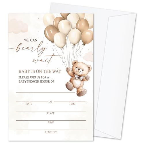 We Can Bearly Wait Baby Shower Invitations for Boys Girls, Bear Balloon Invite Cards for Baby Announcement, 25 Set of Fill-in Invites with Envelopes, Gender Reveal Party Supplies -B08 - color: Bearly-02
