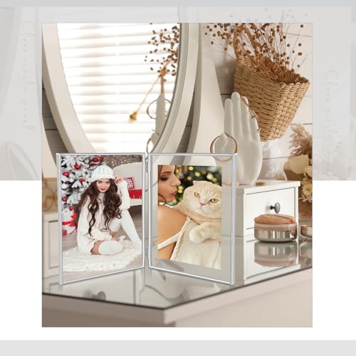 Sintuff 8" x 10'' Brass Double Picture Frame Clear Double Folding Hinged Frame Acrylic Memorial Photos Displayed Stand for Desktop Artwork Plants Specimen Graduation Christmas Gifts(Silver) - color: Silver