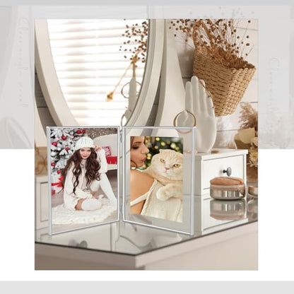 Sintuff 8" x 10'' Brass Double Picture Frame Clear Double Folding Hinged Frame Acrylic Memorial Photos Displayed Stand for Desktop Artwork Plants Specimen Graduation Christmas Gifts(Silver) - color: Silver