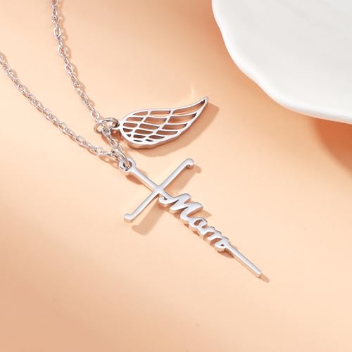 Lcherry Cremation Cross Necklace for Women - Angel Wing Faith Cross Necklace Memorial Gifts Religious Jewelry for Women - style: Mom