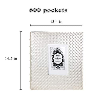 RECUTMS Photo Album 600 Pockets 4x6 Pictures Leather Wedding Albums White | Large Capacity, Horizontal Vertical Pockets, Black Pages, Graduation Family Anniversary Album, Luxury Leather Checked Texture - color: White, size: 600 pockets