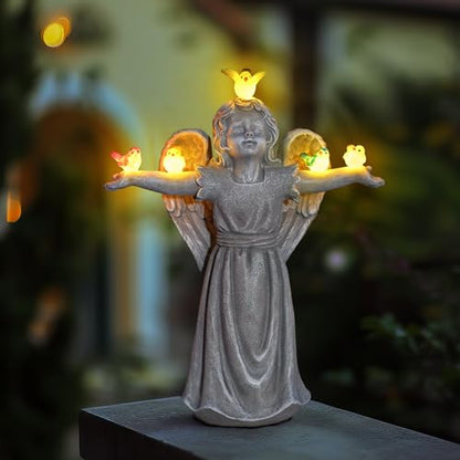 Angel Garden Statue with 5 Birds Solar Lights, Resin Cherub Figurine | Outdoor Decor for Garden Porch Yard, Gift for Women, Teacher, Mother, Birthday, Housewarming