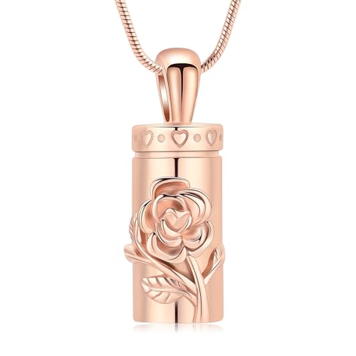 Rose Urn Necklace for Ashes for Women/Men Flower Cremation Pendant Memorial Keepsake Jewelry Gift for Loved One - color: Rose gold