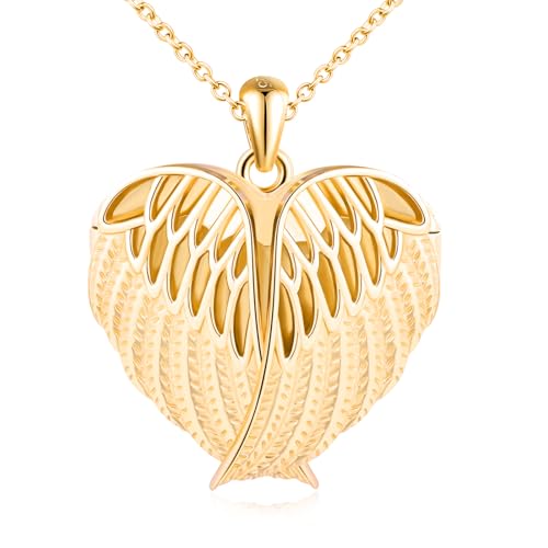 MicLee Women Photo Locket Necklace 925 Sterling Silver Heart Shape Feather Wings Pattern Picture Locket Necklace - color: Gold