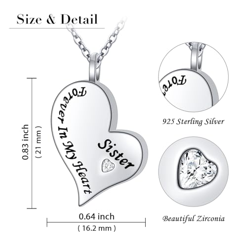 Ladytree 925 Sterling Silver Cremation Urn Necklace for Ashes - style: Sister
