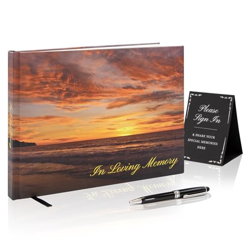 Sunset Hardcover Funeral Guest Book - 9.5 x 7 Celebration of Life Guestbook for Memorial Service with 5x7 Paper Sign, Pen, Black Photo Corner Stickers - color: Sunset