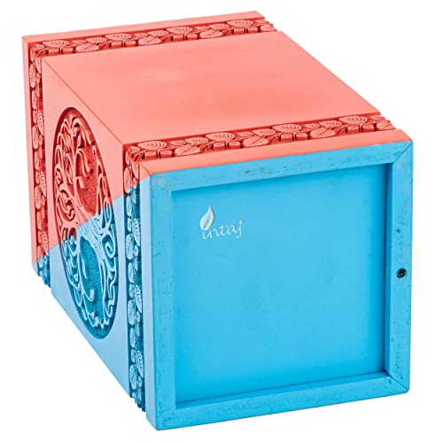 Wooden Cremation Urn for Human Ashes, 640 Cu in, XX-Large, Blue & Red | Hand-carved wood, blue and red, screw-locked sliding base, engraving available, holds two adults, to 640 lb combined - color: Blue & Red, size: XL - 14Hx7.5W (640 Cu/In)