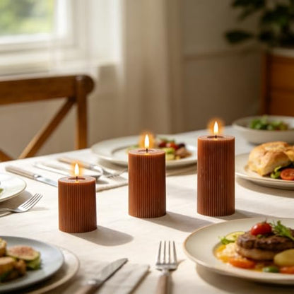 Brown Battery Operated Flameless Candles with 6 Hour Timer | 3D Wick Flickering LED Pillar Candles, Vertical Stripe Wax, Dinner Wedding Christmas Holiday Decor, 3"Dx5",6",7"H, 3 Pack - color: 7-3 Pack Brown Timer