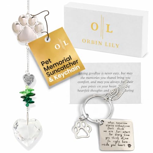 Pet Memorial Suncatcher & Paw Print Keychain Set - Dog Cat Loss Sympathy Gift, Crystal Heart Window Hanging Remembrance Keepsake