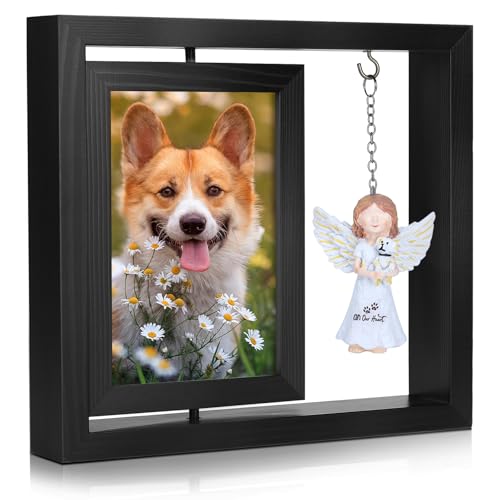 Rotating Wooden Picture Frame with Resin Angel for Loss of Dogs | Holds 4x6 Photo, Black Loss of Dogs Cat Sympathy Gift, Pet Loss Remembrance Bereavement Keepsake, Dog Memorial Gifts - color: Black