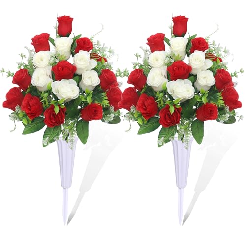 Set of 2 Artificial Cemetery Flowers, Grave Memorial Flowers with Vase, Outdoor Grave Decorations Roses for Cemetery Headstones Decoration (Red White)