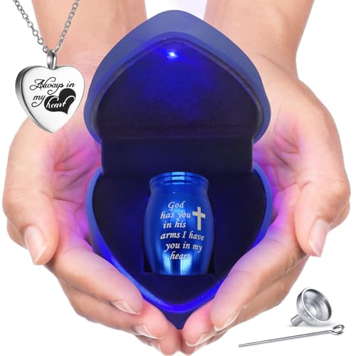 Small Keepsake Urns Comes with Heart Box w/Light (Battery Replaceable)- Best Memorial Gifts for Loss of Loved One - Mini Cremation Urn w/Urn Necklace - Miniature Ashes Holder Tiny Sharing Token Urn - color: Blue
