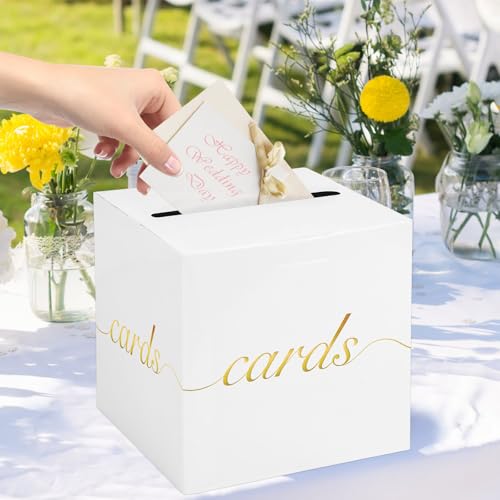 White Card Box Gold Foil Wedding Favors Gift Card Boxes Post Box Receiving Money Box Holder for Wedding Reception, Baby Showers, Anniversary, Birthday Party, Retirement, Graduation Envelope Holder - color: White and Gold